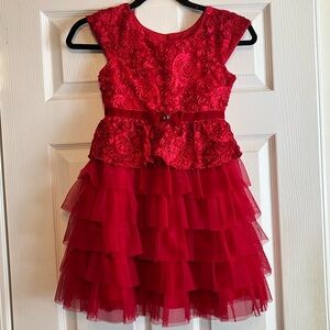Jona Michelle red ruffle rosette cap sleeve Holiday Christmas party formal dress